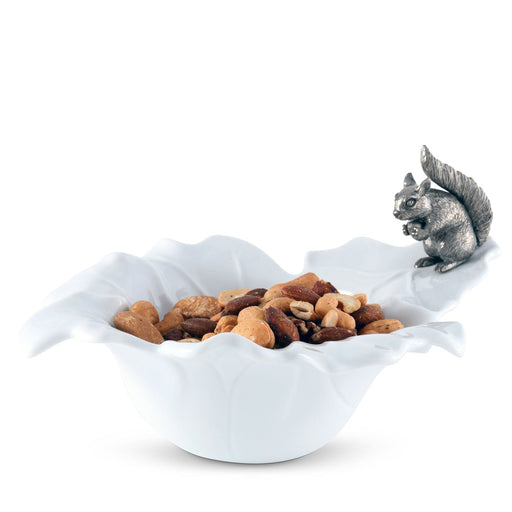 Vagabond House Woodland Creatures Fine Porcelain Leaf Bowl with Pewter Squirrel