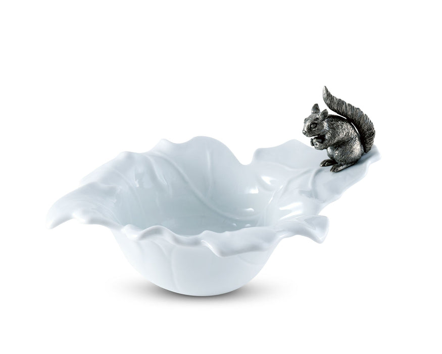 Vagabond House Woodland Creatures Fine Porcelain Leaf Bowl with Pewter Squirrel