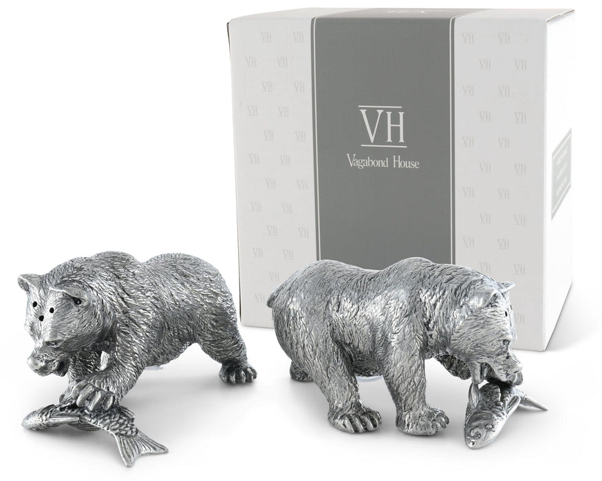 Vagabond House Woodland Creatures Pewter Fishing Bear Salt & Pepper Set