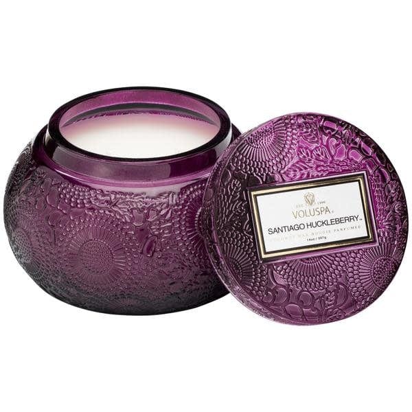 Voluspa Bowls Santiago Huckleberry Embossed Tinted Glass Chawan Bowl with Lid