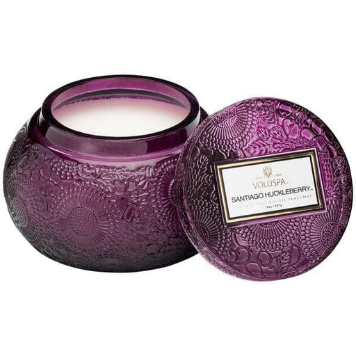 Voluspa Bowls Santiago Huckleberry Embossed Tinted Glass Chawan Bowl with Lid