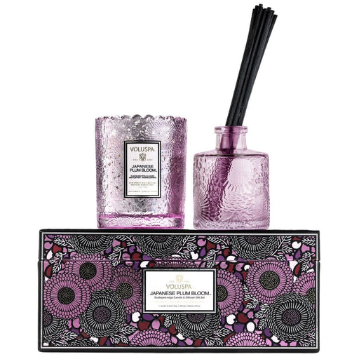 Voluspa JAPANESE PLUM BLOOM SCALLOPED EDGE CANDLE & REED DIFFUSER GIFT SET
