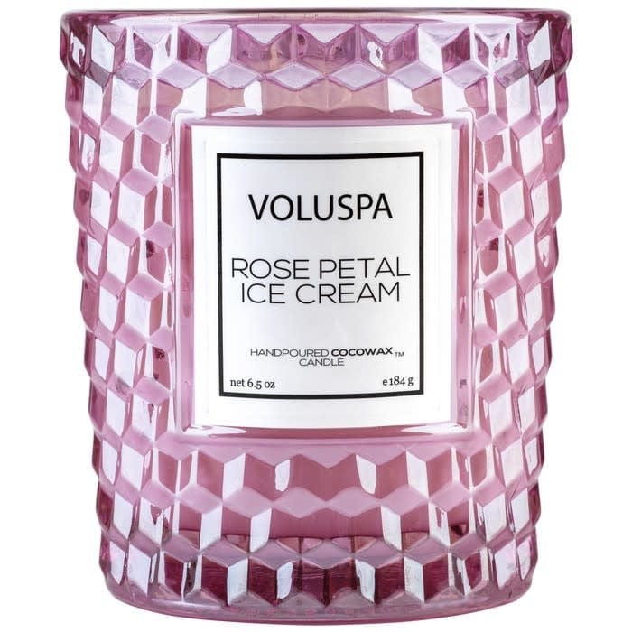 Voluspa Rose Petal Ice Cream Classic Candle in Textured Glass