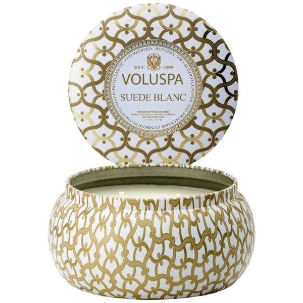 Voluspa Suede Blanc 2 wick Metallo Candle in Printed tin