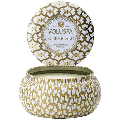 Voluspa Suede Blanc 2 wick Metallo Candle in Printed tin