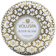 Voluspa Suede Blanc 2 wick Metallo Candle in Printed tin