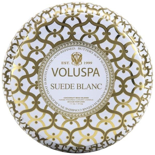 Voluspa Suede Blanc 2 wick Metallo Candle in Printed tin
