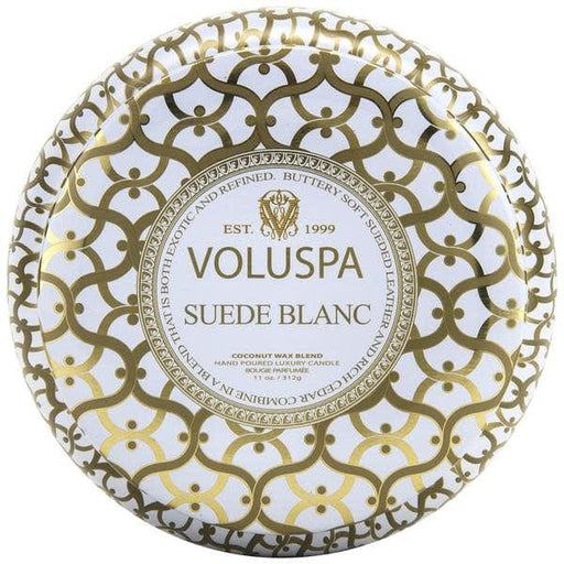 Voluspa Suede Blanc 2 wick Metallo Candle in Printed tin
