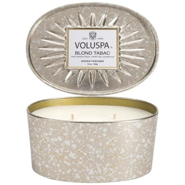 Voluspa Voluspa Blond Tabac 2 wick candle in a decorative oval tin