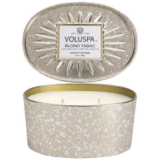 Voluspa Voluspa Blond Tabac 2 wick candle in a decorative oval tin