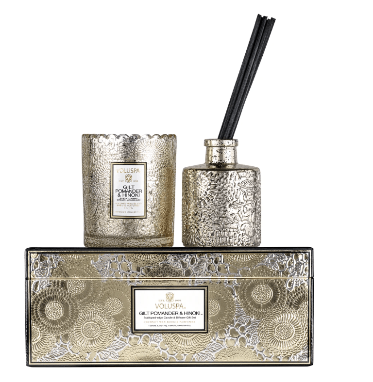 Voluspa Voluspa GILT POMANDER & HINOKI SCALLOPED EDGE CANDLE & REED DIFFUSER GIFT SET
