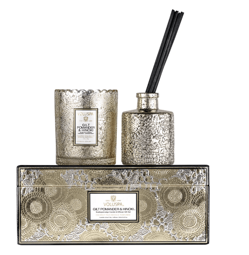 Voluspa Voluspa GILT POMANDER & HINOKI SCALLOPED EDGE CANDLE & REED DIFFUSER GIFT SET