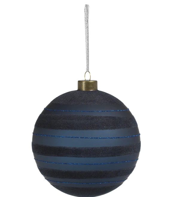 zodax Ornaments Blue Flocked Stripped Glass Ornament - Large