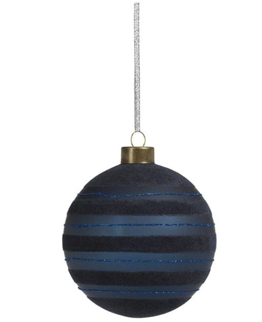 zodax Ornaments Blue Flocked Stripped Glass Ornament - Medium